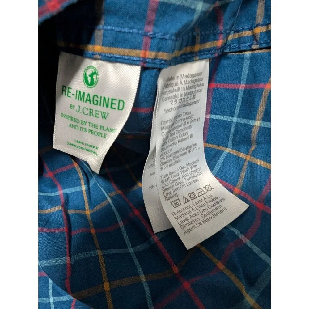 J Crew Flex Washed Slim Fit Blue Multicolor Plaid Check Button Shirt Mens Size L